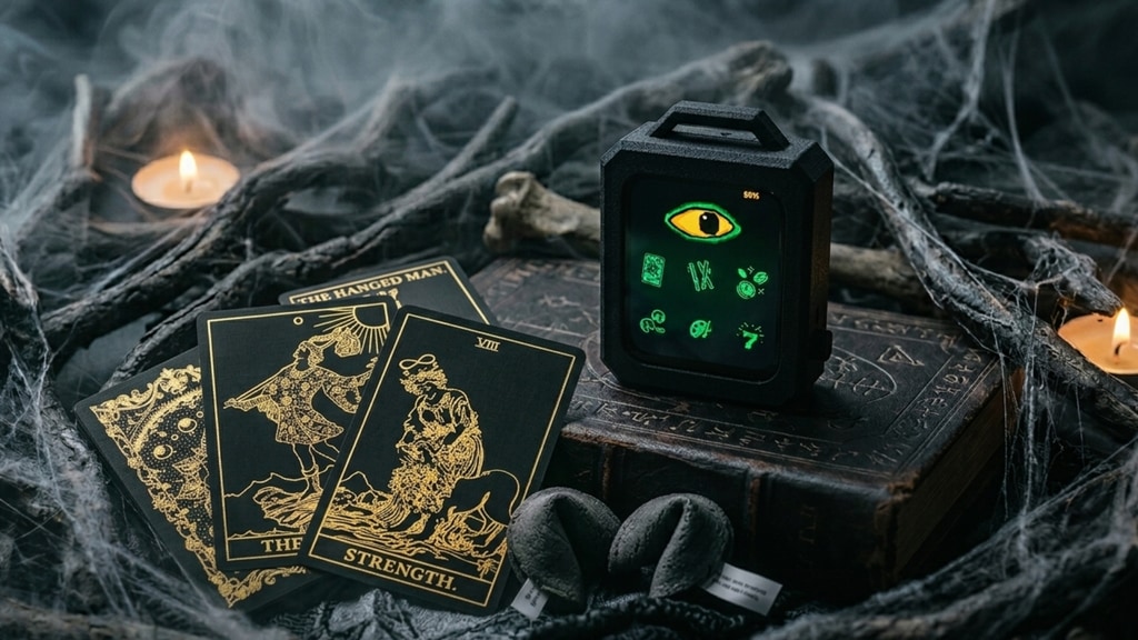 Karmi handheld device alongside tarot cards and fortune cookies
